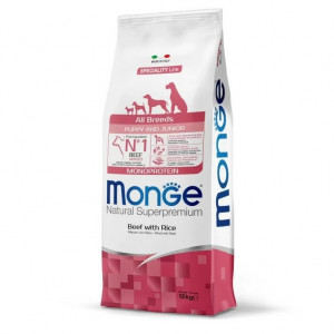 MONGE DOG PUPPY JUNIOR ALL BEEF RICE sausā barība kucēniem Liellops, rīsi 12kg